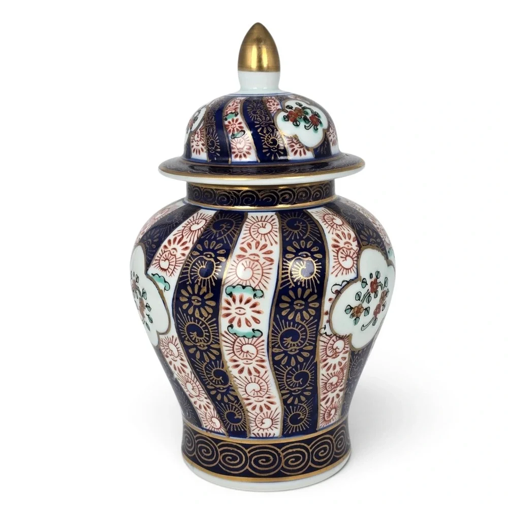 Gold Imari Hand Painted Porcelain Ginger Jar Blue Red Gold Floral 7